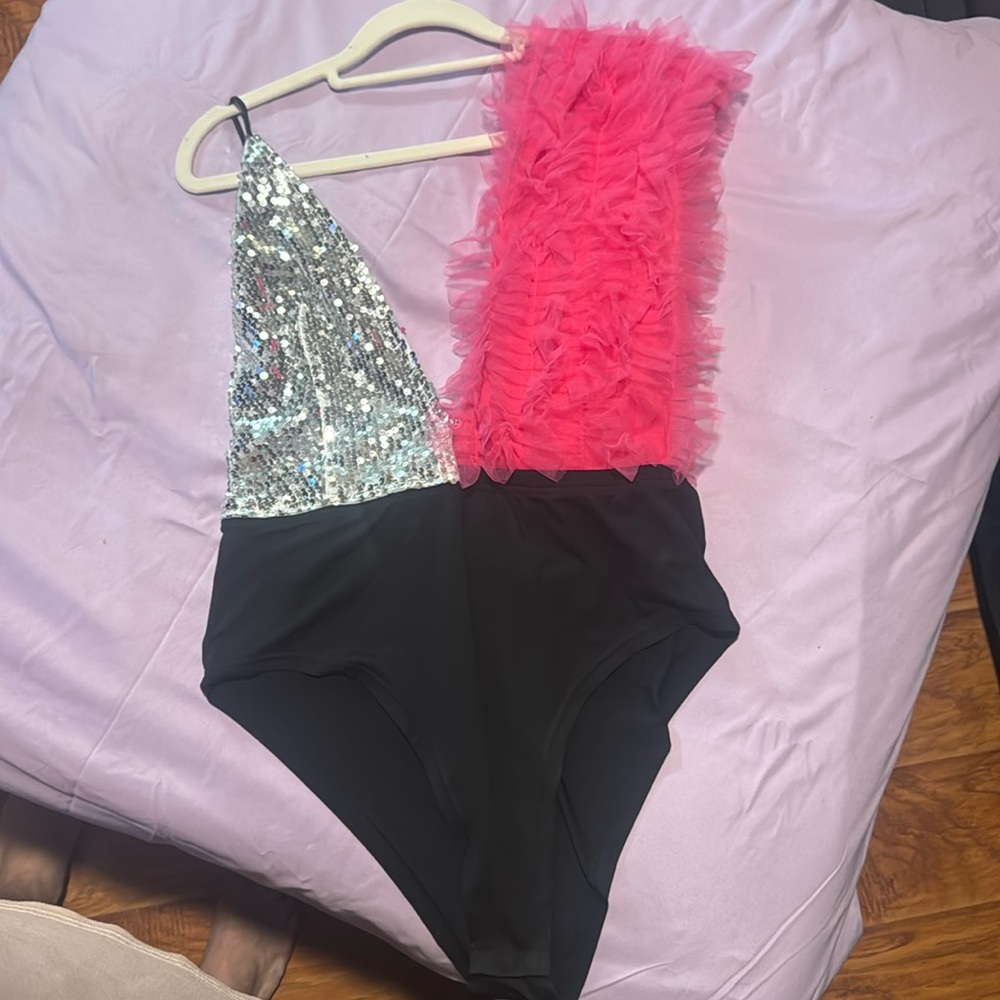 Sequin and pink ruffle bodysuit